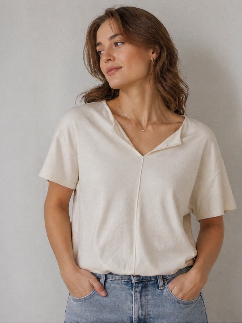 Melloday Cream V-Neck Short Sleeve Tee